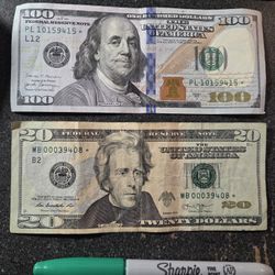 (2) Star Notes, $100 & $20 Dollar Bills. The $20 Is A Low Number And Rarer Then Most