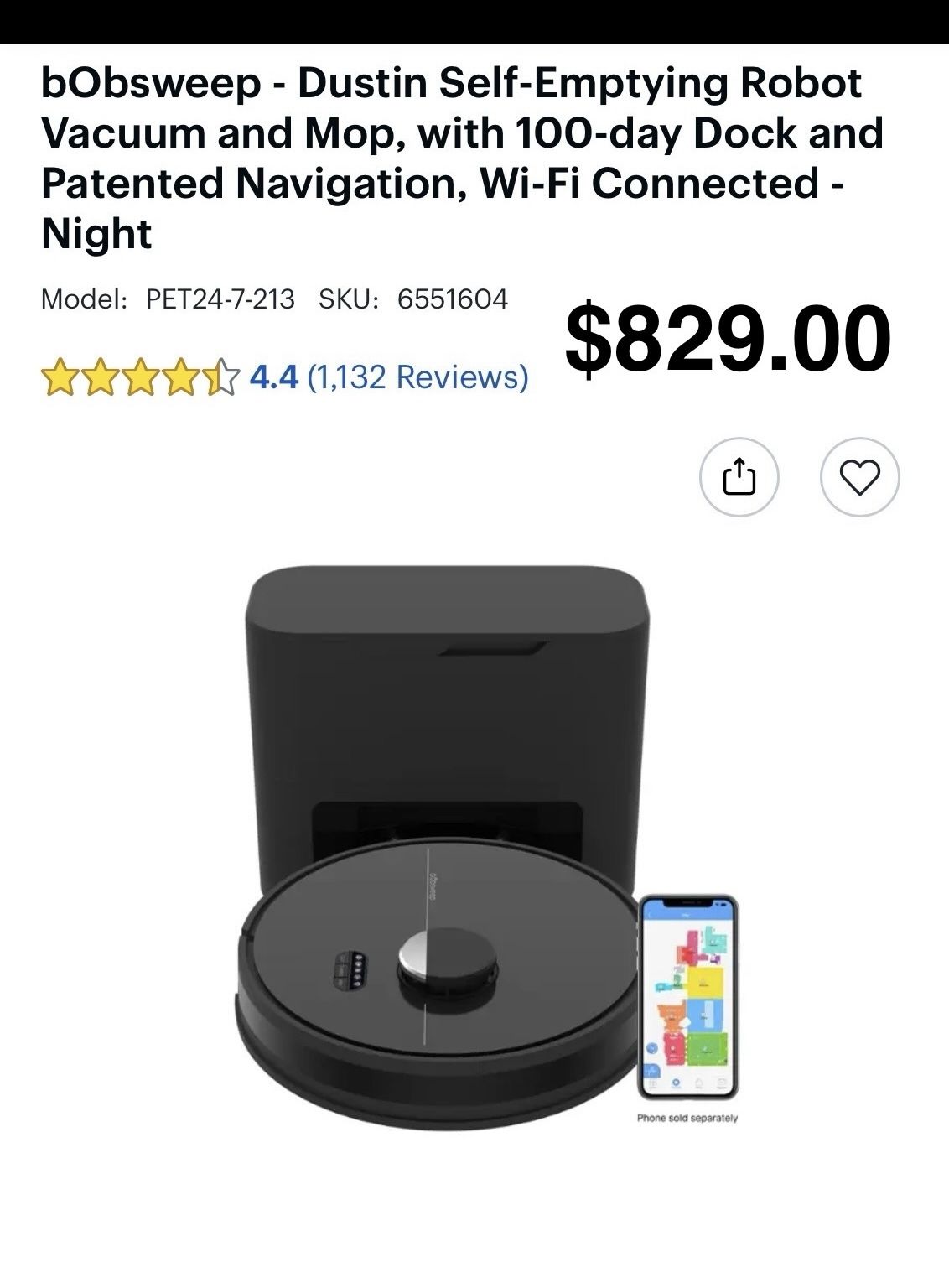 Robot Vacuum - $250 - bObsweep - Dustin Self-Emptying Wi-Fi Robot Vacuum and Mop with Dock and Navigation 