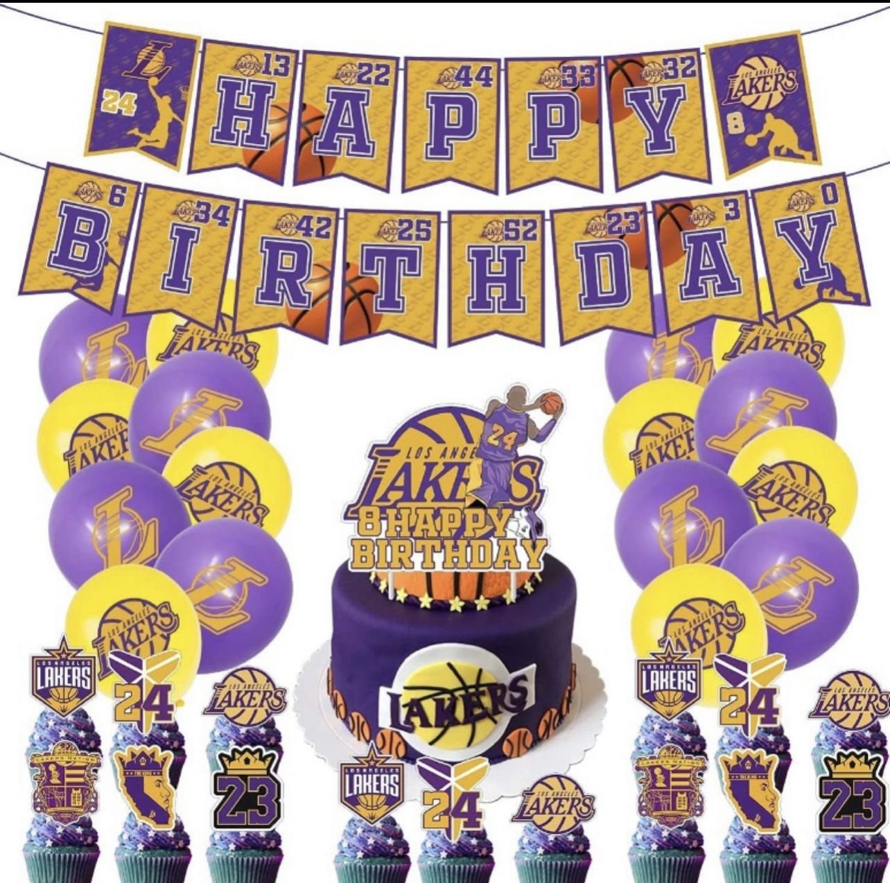 Lakerd Supplies Includes Cupcake Toppers Balloons Banner Cake Topper 23 Basketball Party for Men and Girls BoysLakers Kobe Birthday Party Decorations 