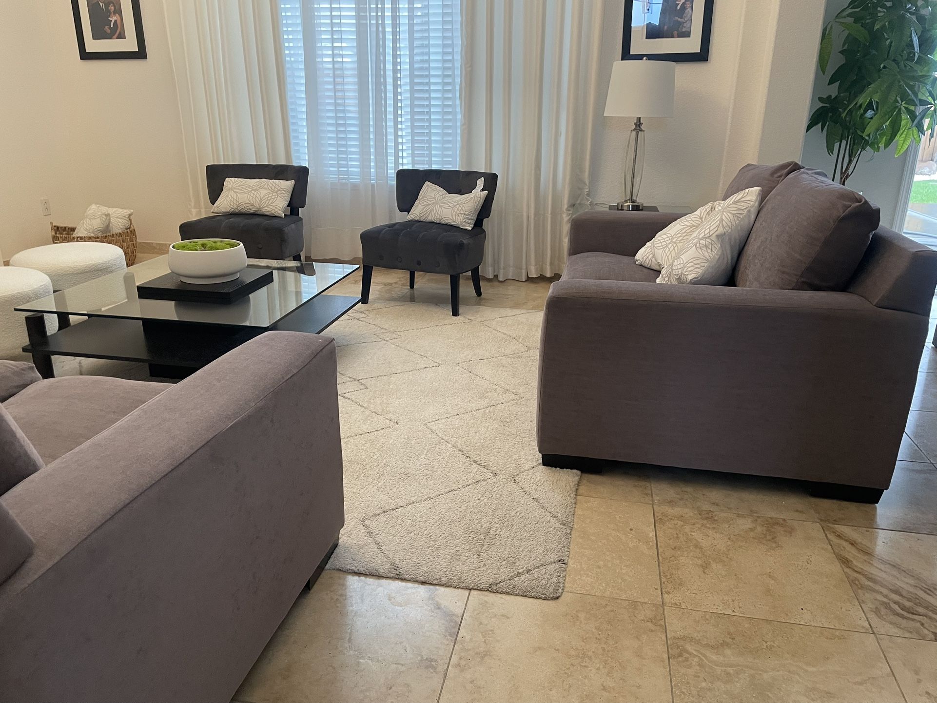 Modern Grey Sofa Set with Loveseat, Rug & Lamps