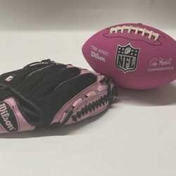 Child’s Pink Baseball Glove and Football