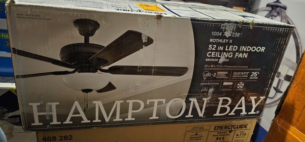 Hampton Bay
Rothley Il 52 in. Indoor LED
Bronze Ceiling Fan with Light
Kit, Downrod, Reversible Motor
and Reversible Blades