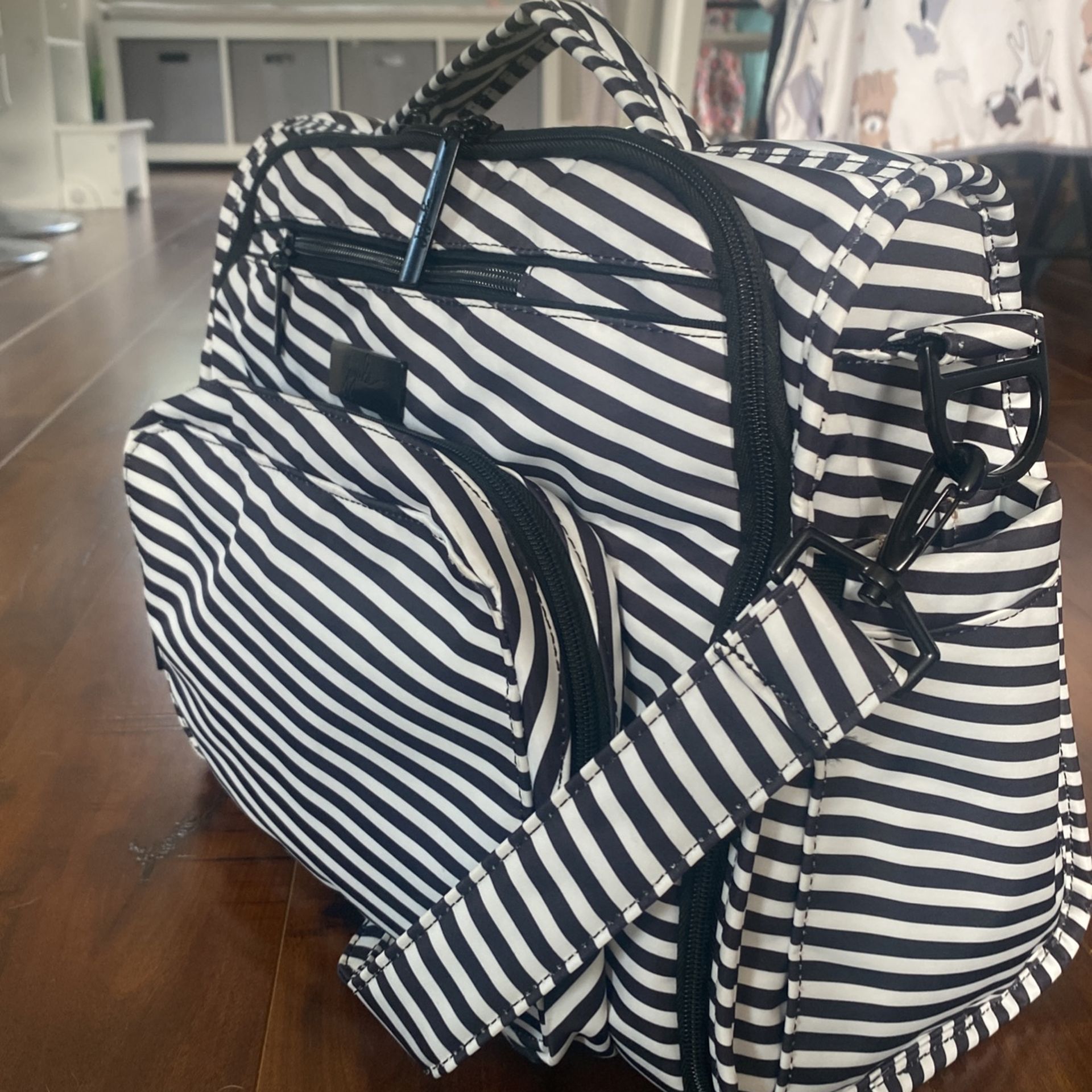 Jujube Diaper Bag Black and White Stripes. Crossbody.