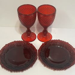 2 Ruby Red Avon 1876 Cape Cod Salad Plates 2 Water/wine Goblets Ivima Diamond
