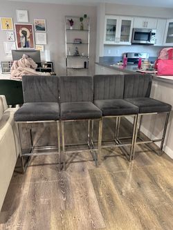 Set of 4 Gray Velvet Bar Stools