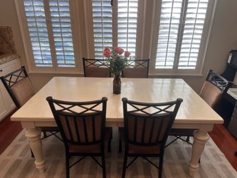 Pottery Barn dining table + 2 extension leaves, 6 dining chairs, 2 counter swivel stools