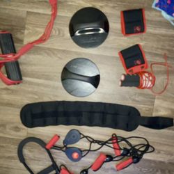 Preowned Bally’s fitness everything . Bally total fitness door knob exerciser, 2 ankle weights at 4 lbs ea , black weight is 10lb, jump rope,  rowing 