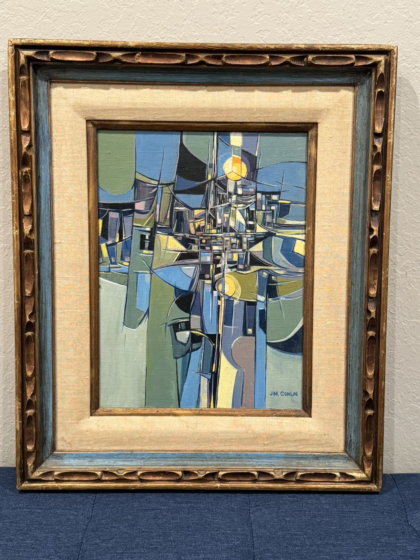 1969 Midcentury Abstract Seascape Oil Painting "Moonlight Mooring" by Jim Conlin