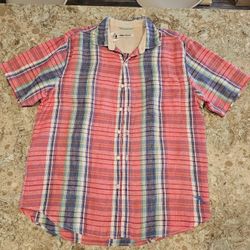 Tommy Bahama Shirt Medium M Red Blue Plaid Linen Summer Vacation Button Up Mens