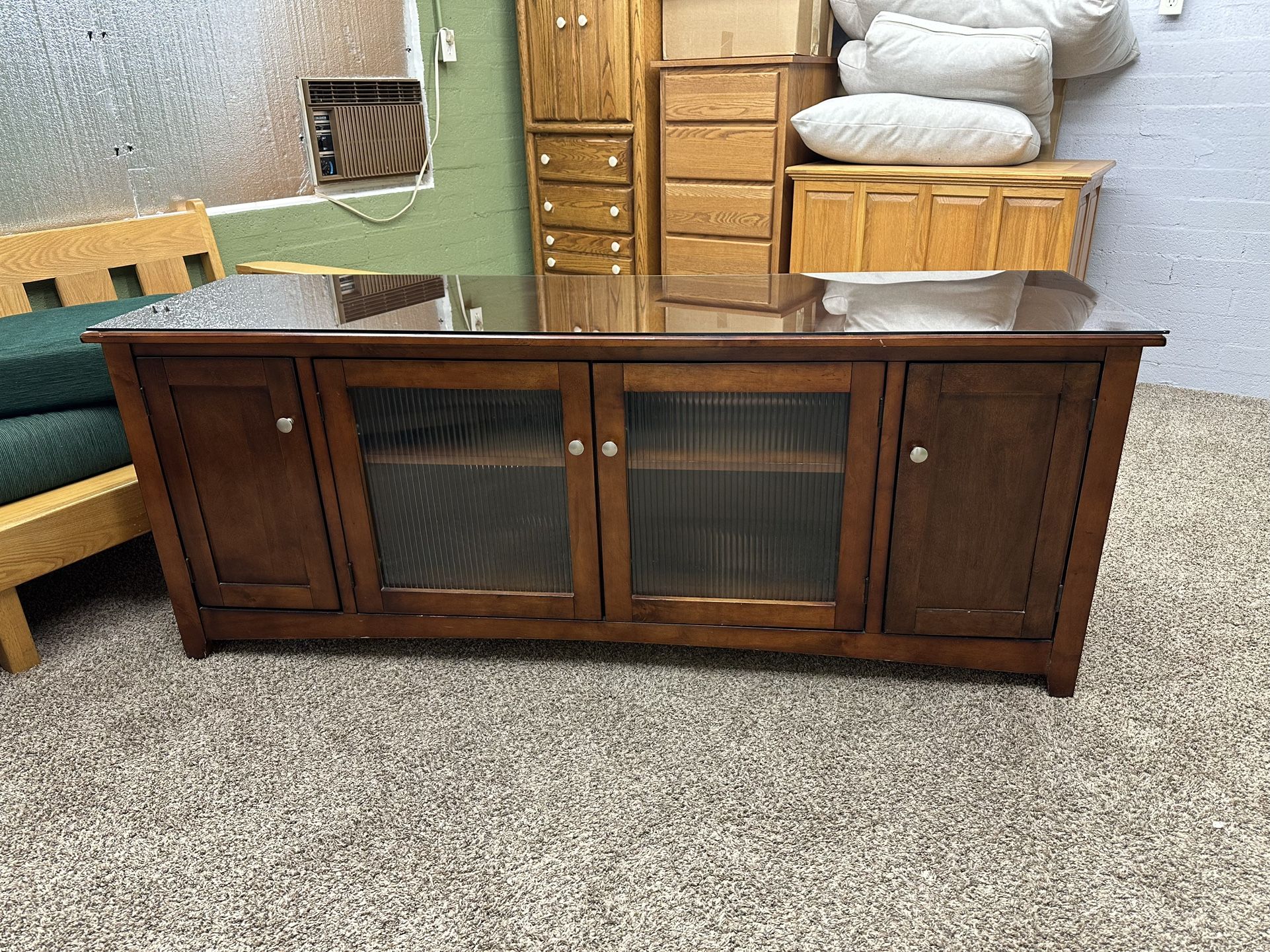 Nice Quality And Condition Entertainment Center Console Table TV With Glass Protector Solid Wood