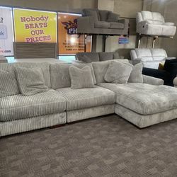 Super Soft Grey Corduroy Sectional Couch 