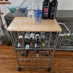 Wine Bottle Rack Bar Cart With Solid Wood Top