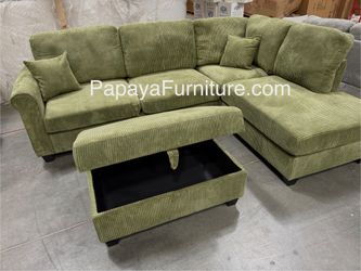 NEW Modern Classic Vintage Green Sectional Couch with Storage Ottoman Right Chaise Lounge Sofa Set Stage Staging Furniture Discount Fabric Living Room