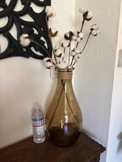 Amber Vase with Artificial Cotton Plant