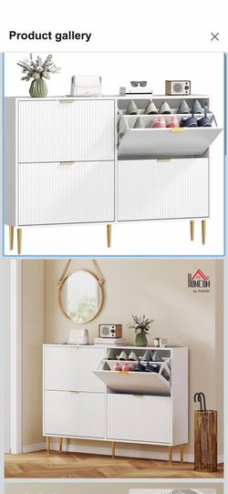 HOMCOM 20 Pairs Shoe Cabinet Modern Narrow Shoe Cabinet with 4 Folding Drawers, Fluted Doors and Adjustable Shelves for Hallway and Entryway, 105 x 24
