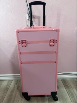 Pink Rolling Makeup Train Case / Cosmetic Organizer with Wheels