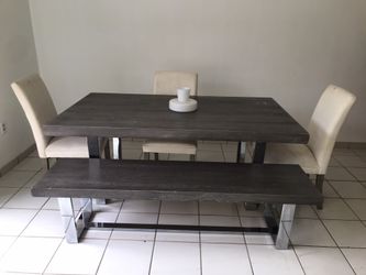Modern GreyTable And 3 Chairs Including Bench wood & Chrome Dining Room