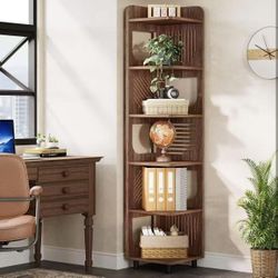 New assembled 6-Tier Tall Corner Shelf, 71-Inch Rustic Narrow Corner Bookshelf Bookcase with Square Rack, Freestanding Corner Display Storage Shelf Or