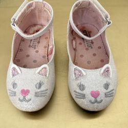 Baby Girls' Pink Glitter Cat Face Flats with Ankle Strap size 6c