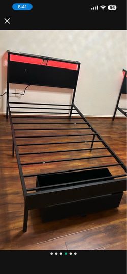 Black Metal Bed Frame with LED Headboard and Drawer w/ bed