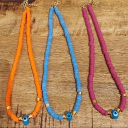 UNIQUE HEISHI BEADS NECKLACE WITH GLASS EVILEYE PROTECTION PENDANT. ( $10 EACH )