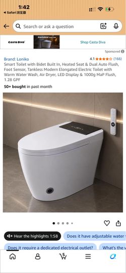 Smart Toilet with Bidet Built In, Heated Seat & Dual Auto Flush, Foot Sensor, Tankless Modern Elongated Electric Toilet with Warm Water Wash, Air Drye