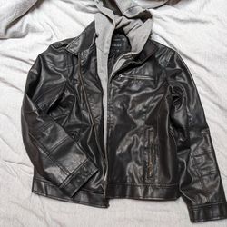 Guess Brand Men's Vintage Pleather Moto Jacket With Knit Hoodie. Size Large.
