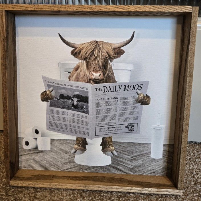 Highland Cow On Toilet Wood Frame