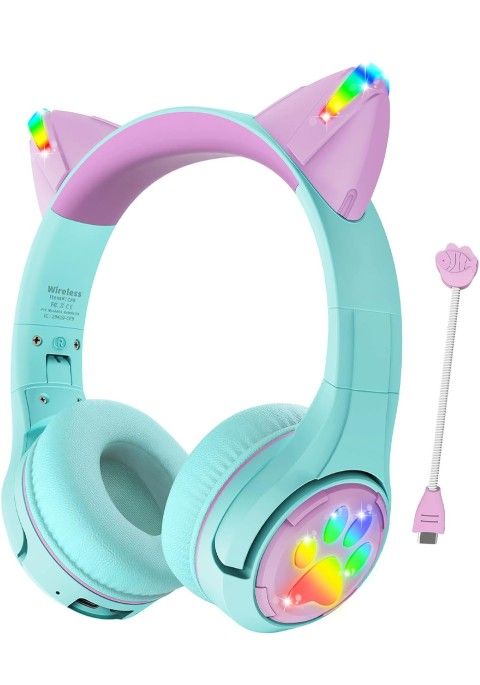 Cat Ear Kids Bluetooth Headphones with LED Light Up,Safe 85dB Volume Limit,Built-in Mic&Boom Mic for Calls,Kids Wireless&Wired Headphones for Tablet/A