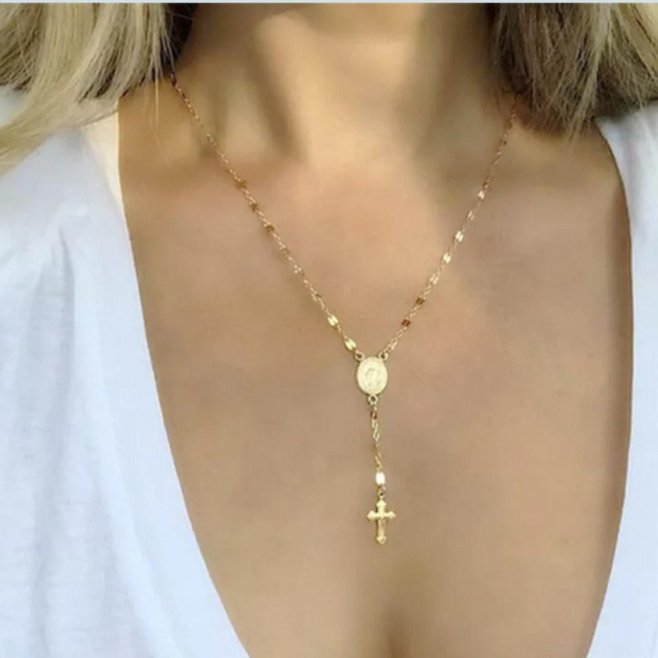 Gold Plated Catholic Rosary Necklace Virgin Mary & Cross of Jesus Pendant Necklace Chain
