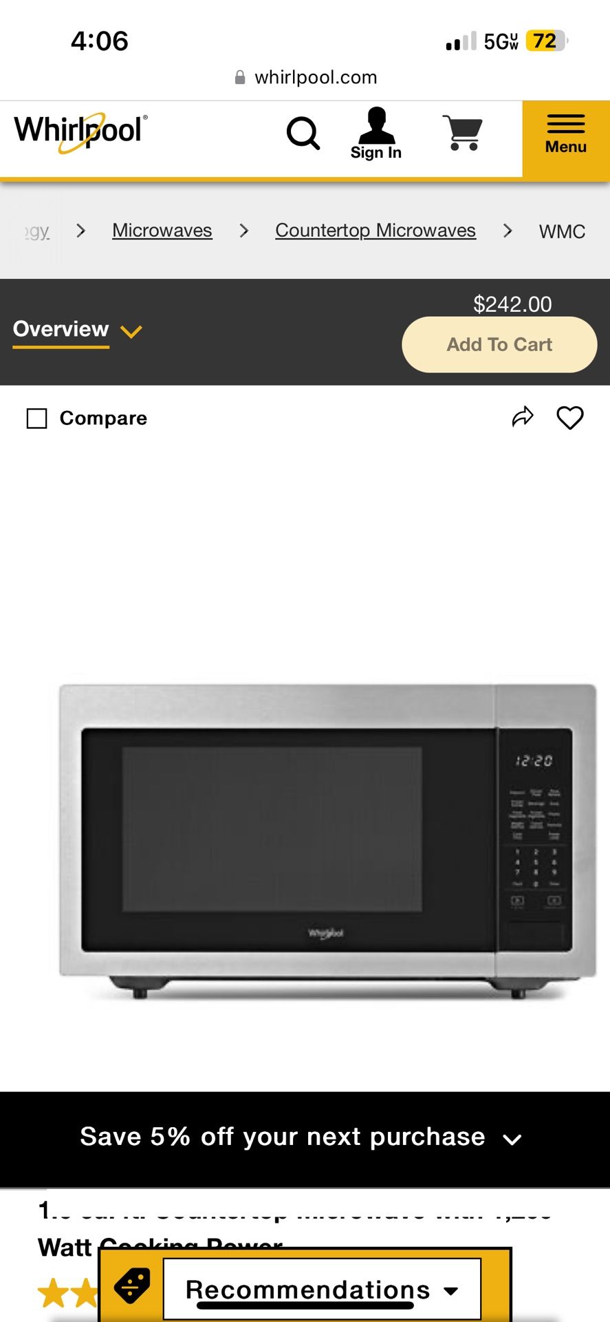 NEW IN BOX: Whirlpool countertop microwave oven model wmc30516HZ0
