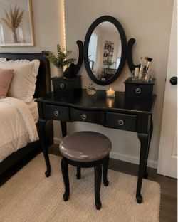 Black Vanity Table with Mirror and Stool