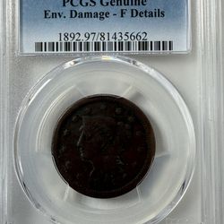 1851 Large Cent 1C – PCGS Genuine – Environmental Damage – Fine Details – Early U.S. Copper