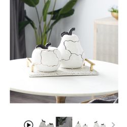 WHITE CERAMIC FRUIT DECORATIVE SCULPTURE WITH CRACKED LOOKING EXTERIOR, SET OF 2 9", 6"H