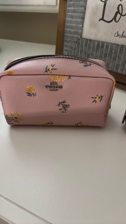 Coach Canvas Makeup Cosmetic Bag Case Pink With Floral Print.