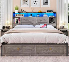 New-King Bed Frame with Storage Headboard, Farmhouse Wood Bed Frame King Size with 4 Drawers, LED Light & Charging Station, Metal Slats Support, Noise