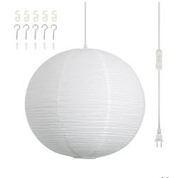 7689: New Paper Lantern Lamp Plug in Hanging Lamp 23.6in White Rice Paper Pendant Light with 19.7FT Cord Large Globe Japanese Japandi Wabi Sabi Chande