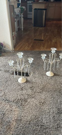 White Metal Candelabra with Crystal Drops – Set of 2