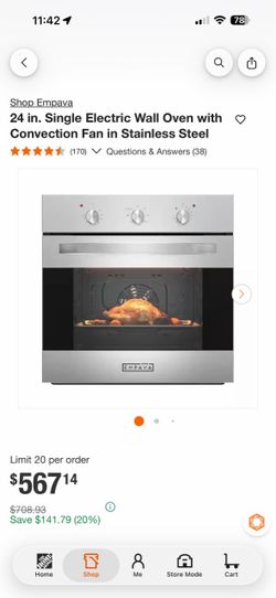 Empava 24 inch Electric Single Wall Oven with 6 Cooking Funcitons, Built-in Convection System with Mechanical Knob Control, Stainless Steel