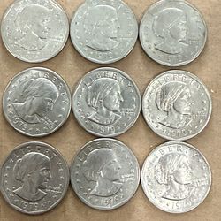 1979 circulated: Susan B Anthony silver dollar coin minted in Philadelphia, United States. Lot:(9-Coins). Narrow & Wide Rims. OFFERS!