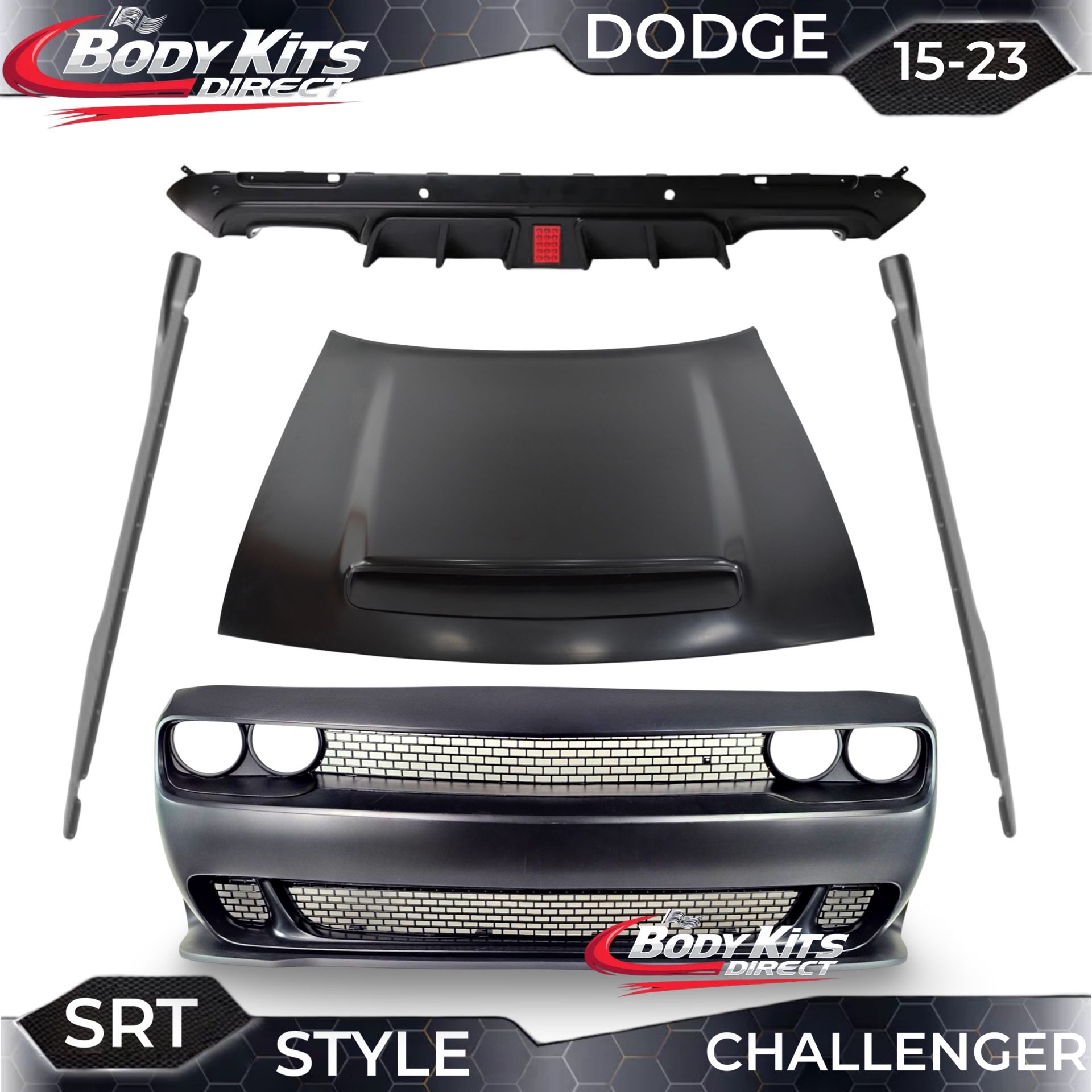 Dodge Challenger 15 to 23 hellcat demon style front bumper, hood, diffuser, side skirt extensions