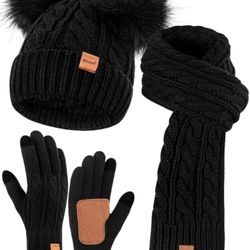 Womens Winter Beanie Scarf Gloves Set, Pom Pom Hat with Warm Fleece Lined Long Knit Scarf Touchscreen Gloves for Cold Weather