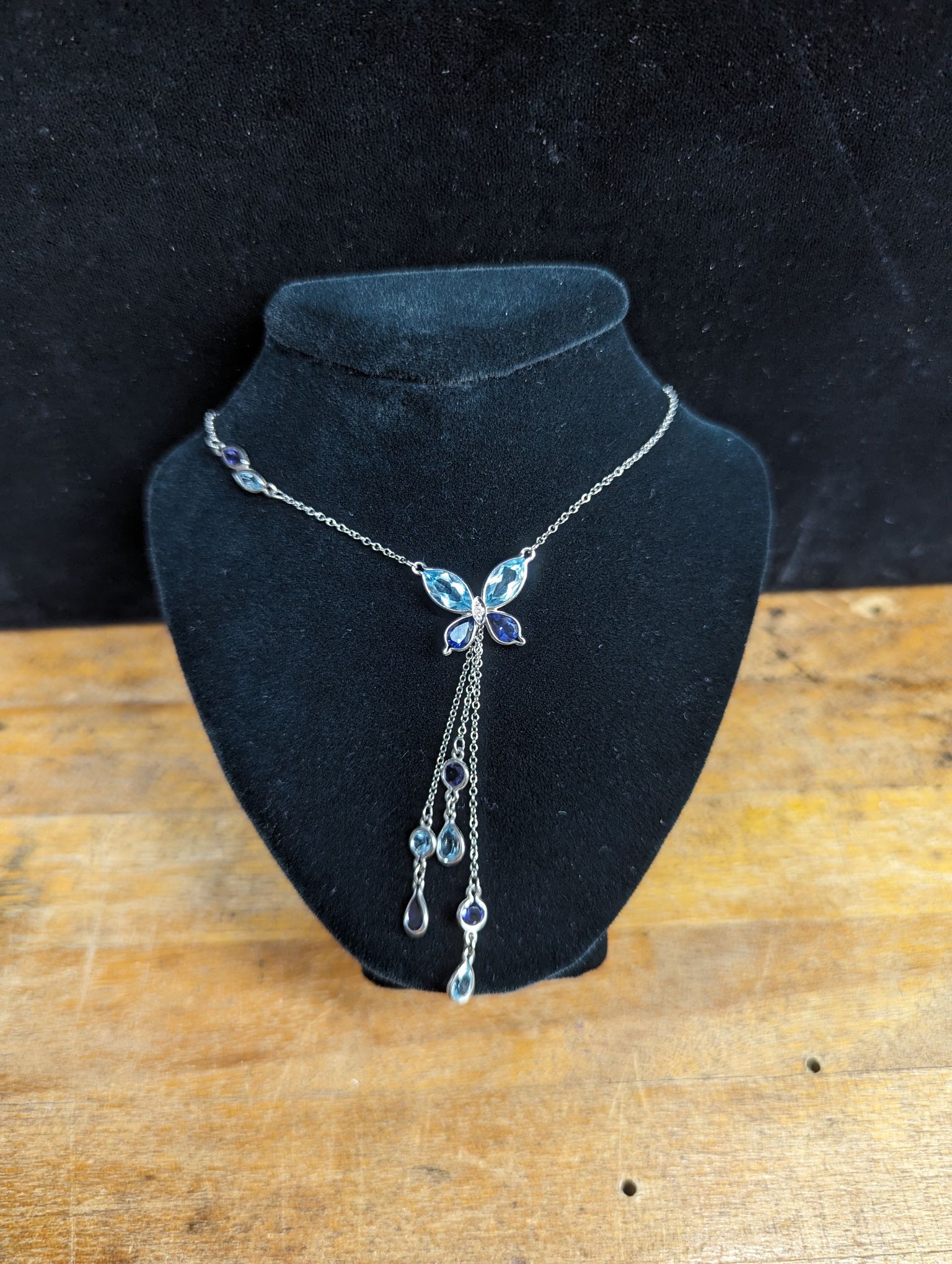 14KT White Gold Amethyst and Blue Topaz Butterfly Necklace Rolo Chain 18 Inches