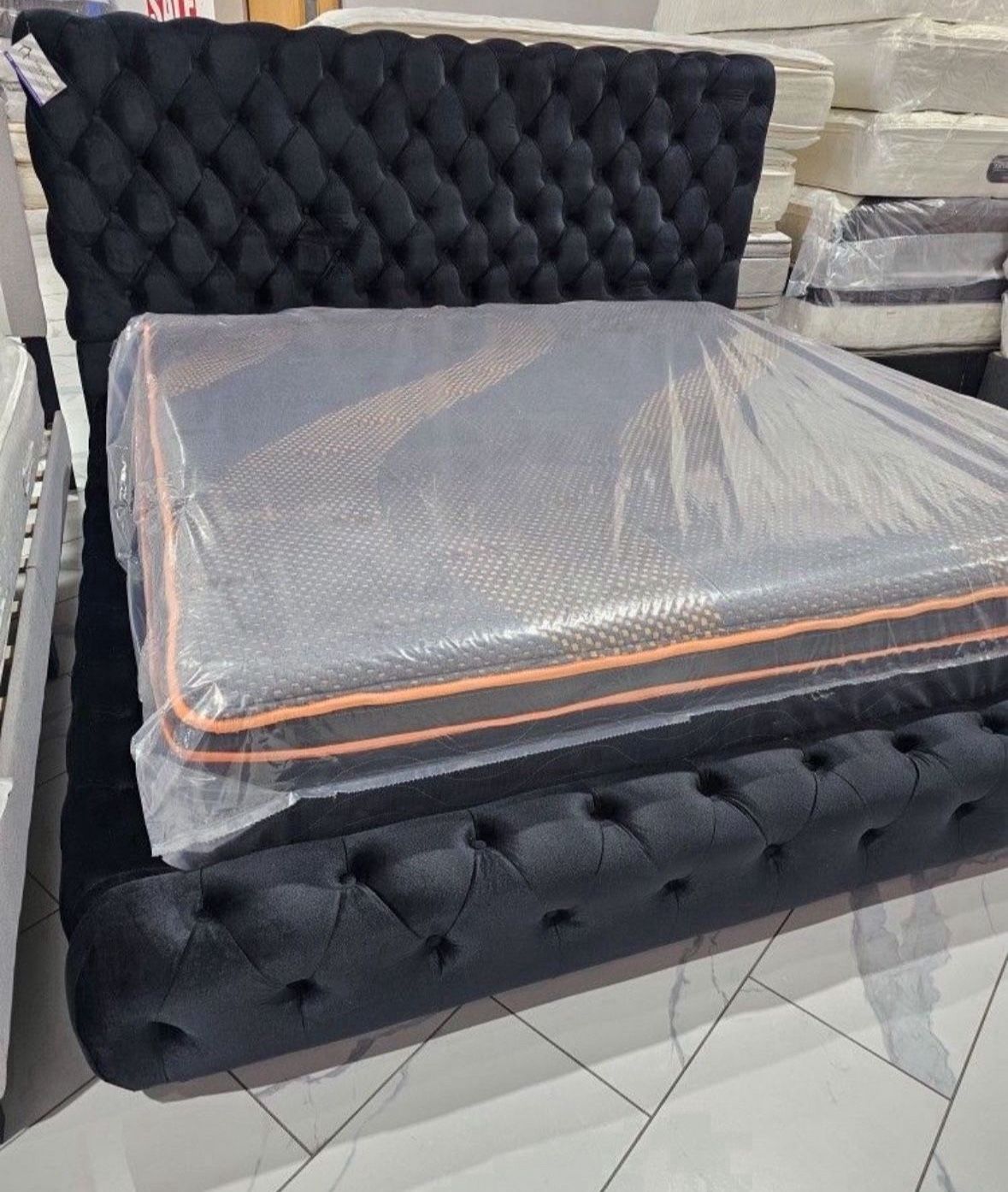 NEW IN BOX- King & Queen Size Black Platform Tufted Velvet Bed Frame