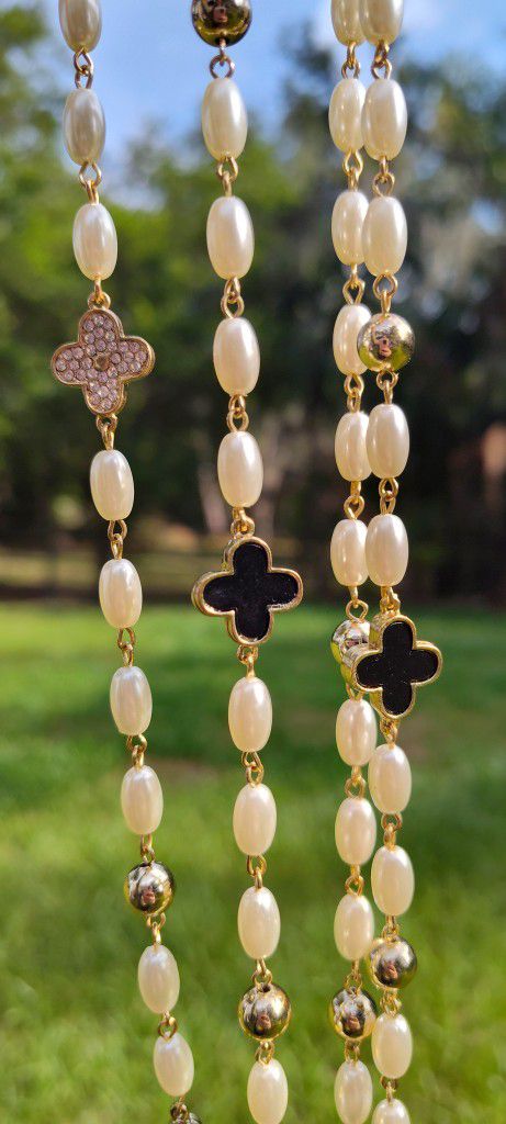Long Layer Gold Rimmed Black & Swarovski Crystal Clover& Pearl Necklace Accented In Gold