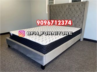 Queen size grey channel bed with orthopedic mattress included