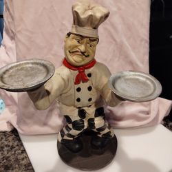  Italian Chef Vintage Statue, 3/ D Ceramic Wall Plaque Hand Painted, utensil holder