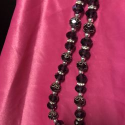 Glass Bead Black Silver Necklace 