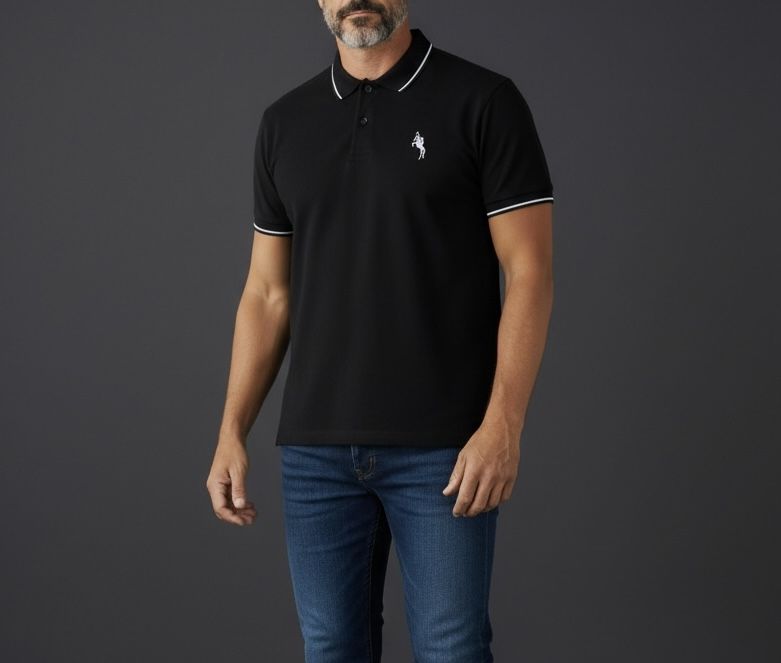 Lucky Horse Premium Clothing Black Logo Polo Shirt – White Tipping, Short Sleeve Two Button Closure — Size M