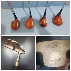 VINTAGE MAC GREGOR TOURNEY MT PERSIMMON CLUBS  AND VINTAGE GONDOLA T  PUTTER ALL BRASS
